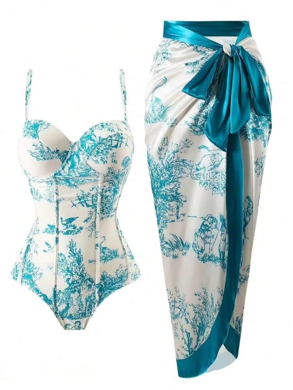Scenic Print One Piece Bikini With Bottom Coverall Skirt - Picture 1 of 4